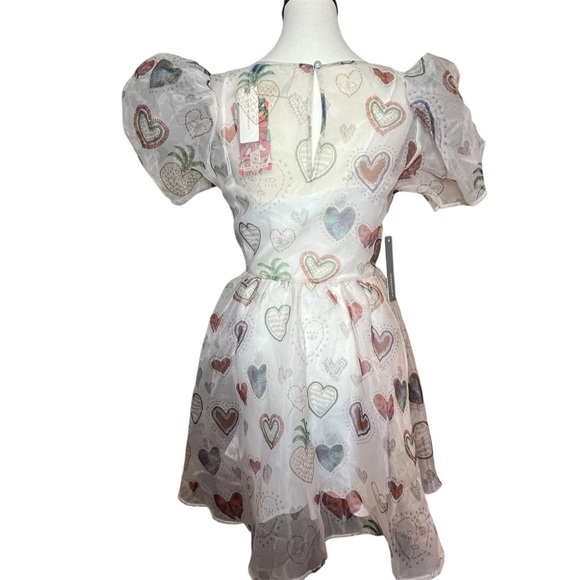 Farm Rio X Anthropologie Semi Sheer Puff Sleeve Mini Dress NWT Size XS Hearts - Picture 4 of 9